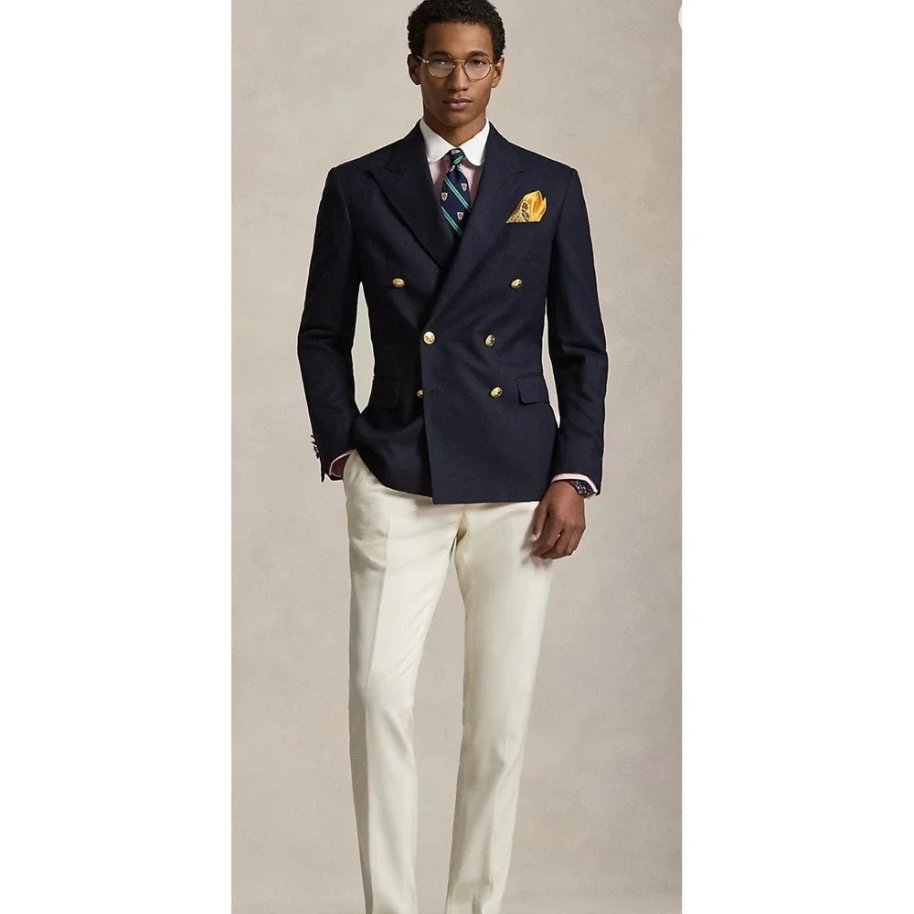 Polo Ralph Lauren Mens Navy Wool Double Breasted Blazer Gold Buttons 40L USA